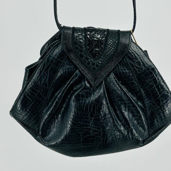 Vintage 70s 80s Bags by Sylvia Black Faux Leather + Authentic Snake Skin Purse - Picture 7 of 8